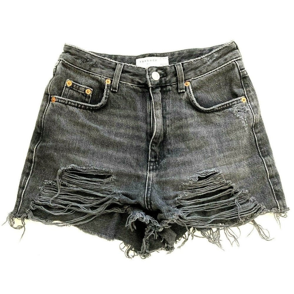 Topshop Women's Shorts Size 4 Black Gray Denim Mom Shorts Distressed High Waist